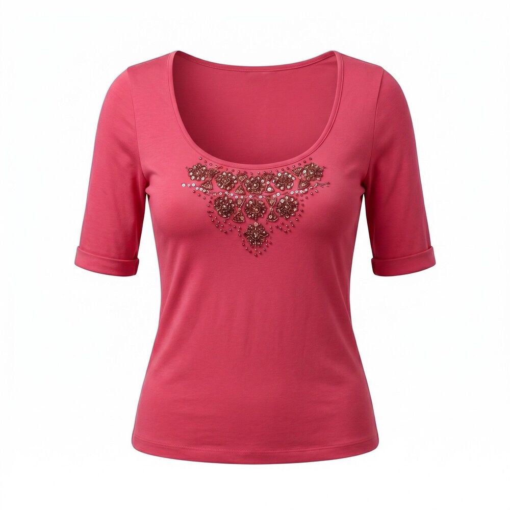 NWT i.e. Coral Pink Beaded Scoop Neck 3/4 Sleeve Top Size Medium